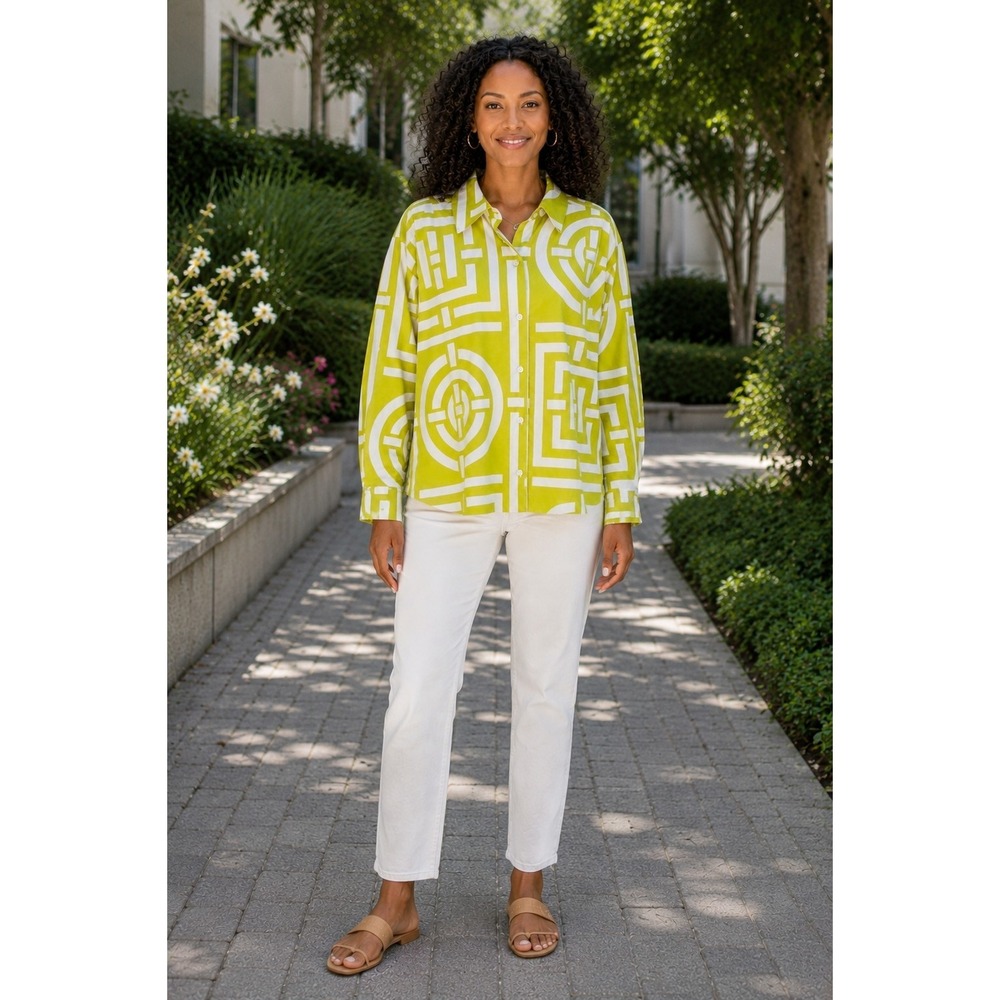 Natori Women's Size Medium Abstract Geometric Blouse Vibrant Button Up Top Artsy